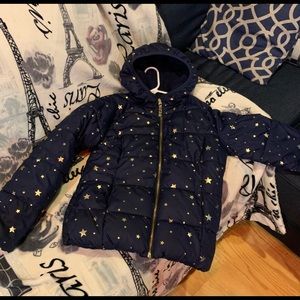 Beautiful Navy Blue Coat with Gold Stars and hood. Clean, barely used.